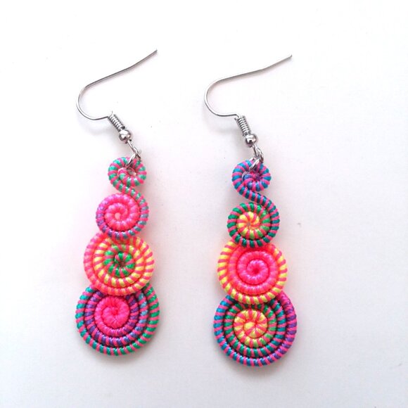 Earrings Swirls Bright Colorful Spiral Dangle Hippie Neon Rainbow Boho Summer - Picture 1 of 2